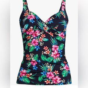 Land's End Plus Standard Tankini Top V neck wrap underwire Navy Rosella floral